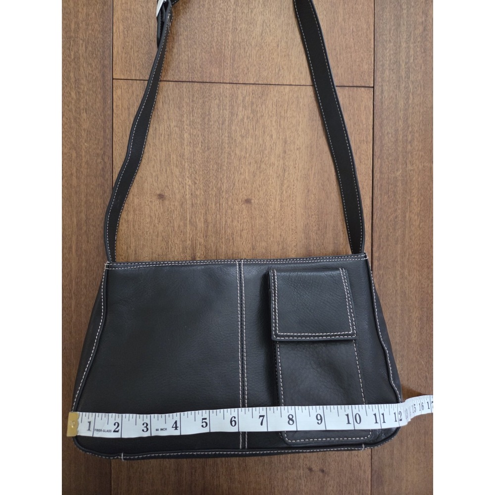 Vtg Preston & York Leather Crossbody Shoulder Purse Adjustable Blk Stitch Trim‎